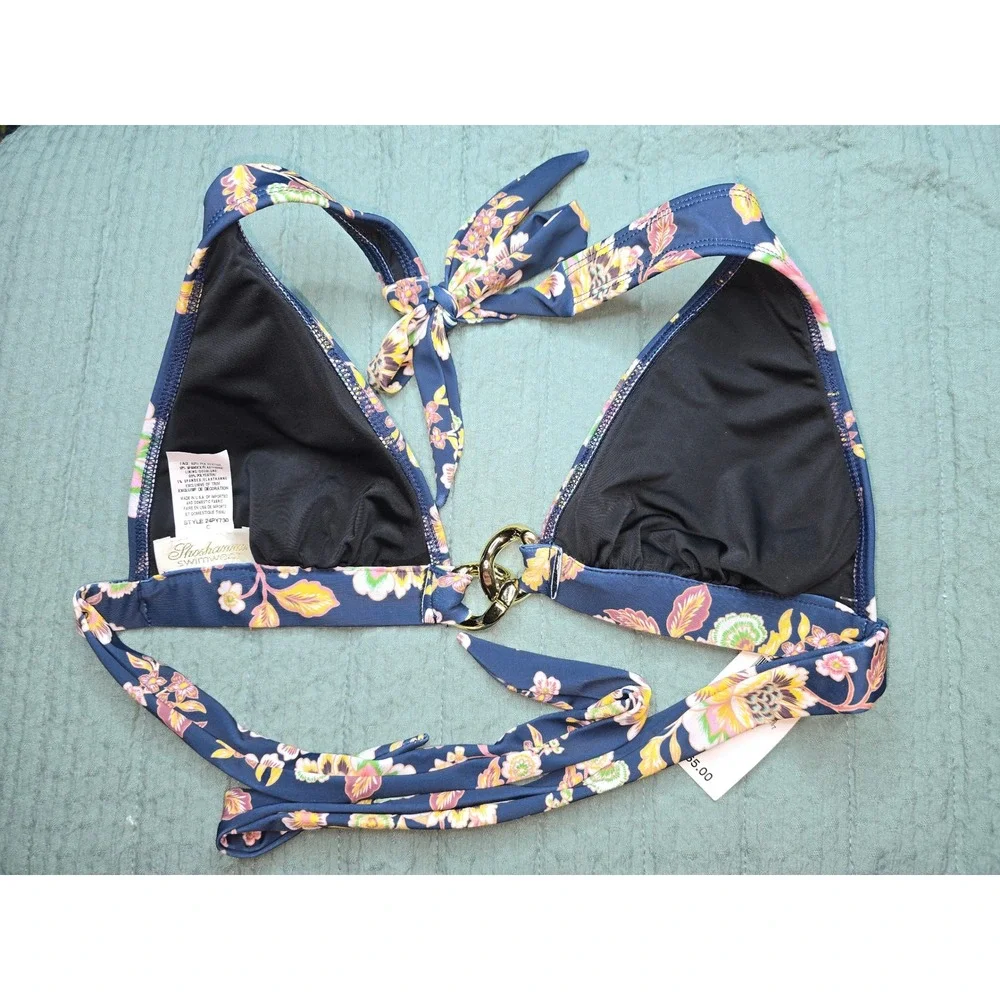 NWT Shoshanna Bikini Top Navy Multi‎ Floral Ring Triangle Halter Womens Size C